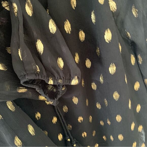 Black Gold Metallic Print Peasent Style Long Sleeve Boho Blouse - Picture 4 of 7